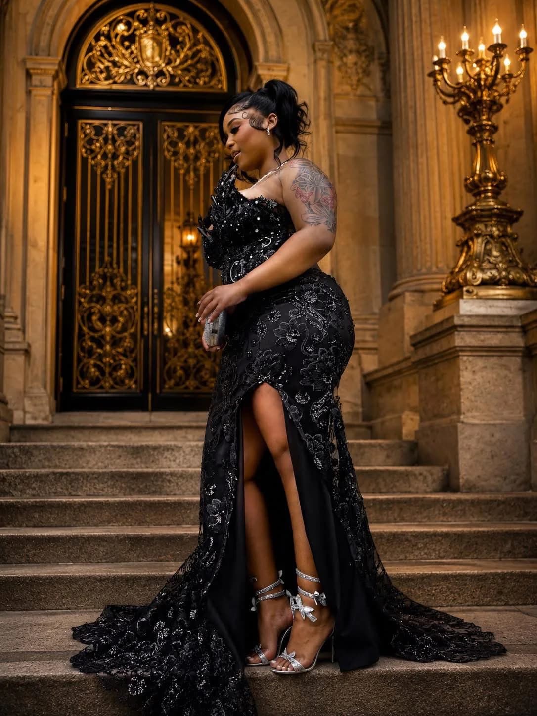 Client wearing a sculptural black beaded gown on ornate stone steps